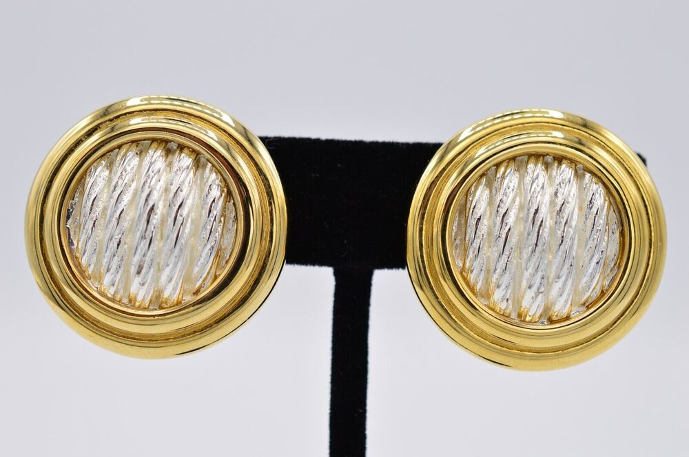 Givenchy Vintage Clip On Earrings Silver Gold Round Chunky Signed 1980s BinAA